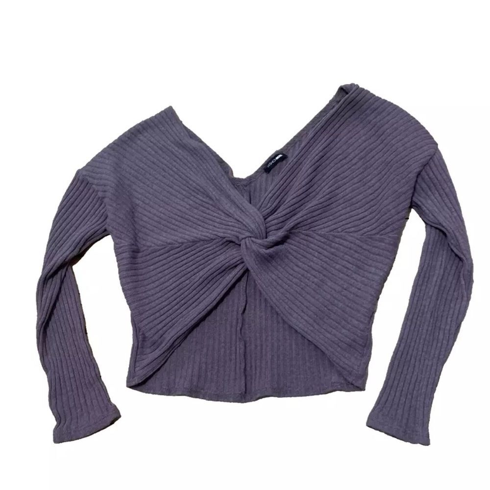 Fashion Nova Womens Twist Sweater Crop Ribbed V-Neck Dolman Sleeve Purple XS